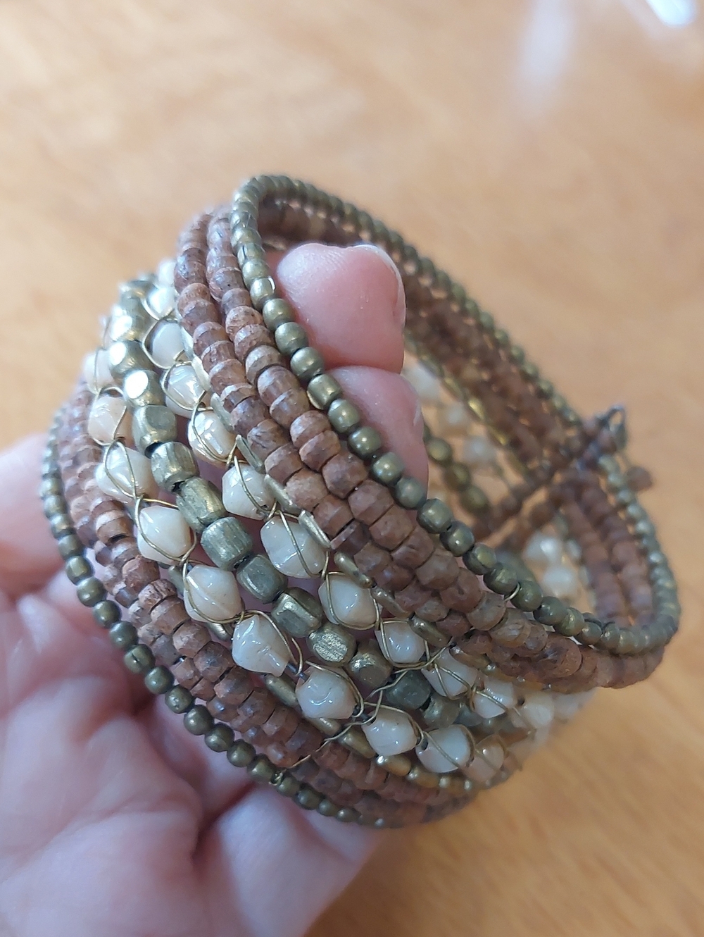 🩵3/$25 Vintage Boho Multi Strand Wood Seed Bead Mother of Pearl Cuff Bracelet